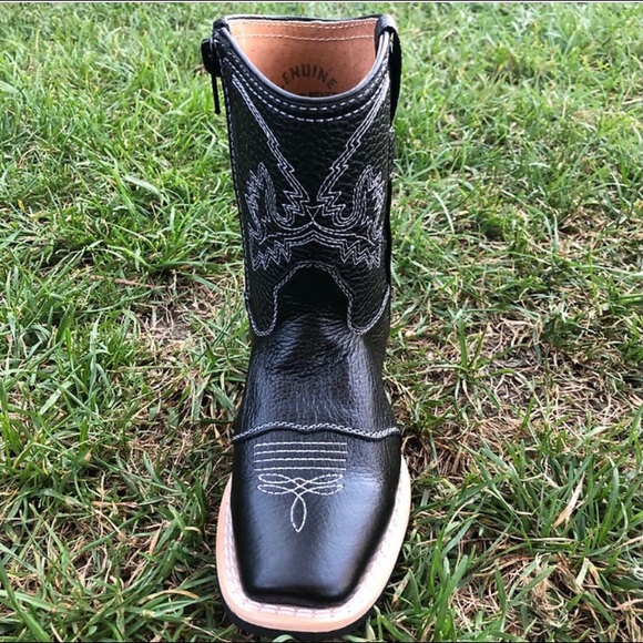 Kid's Western Rodeo Square Toe Genuine Leather Cowboy Black Boots Bota Niño 580 - Picture 2 of 5